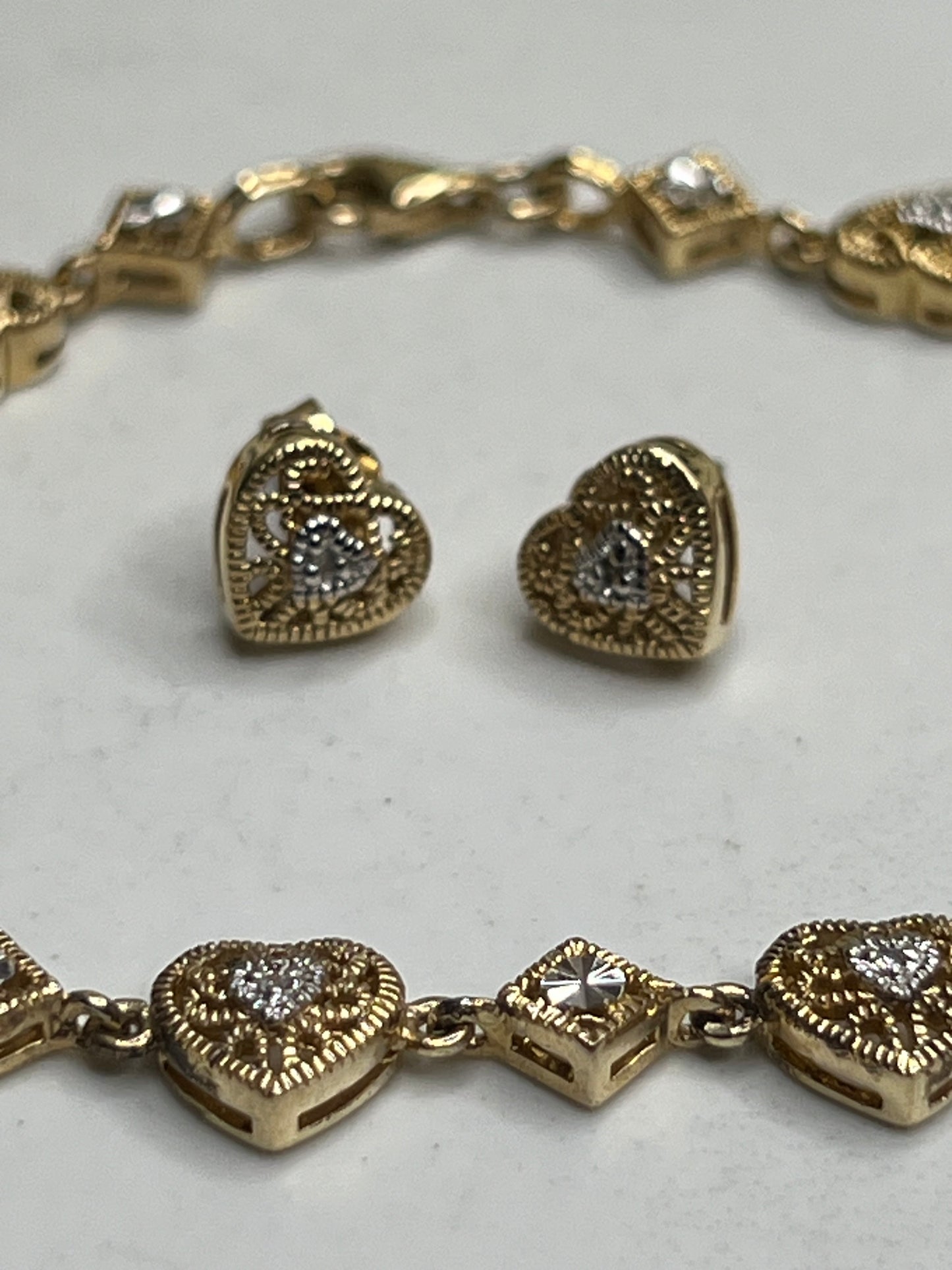 Vintage Sterling Silver Gold Vermeil Filigree Heart Pierced Stud Earrings and Bracelet