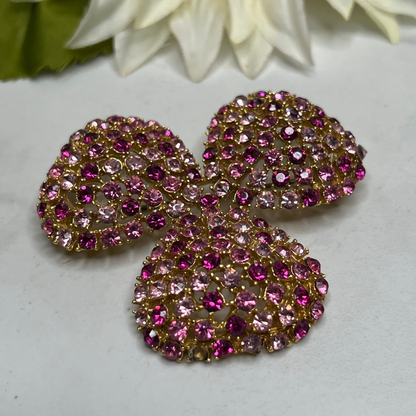 Mid-Century Gold Pink Rhinestone Brooch Clip On Earrings Matching Jewelry Set