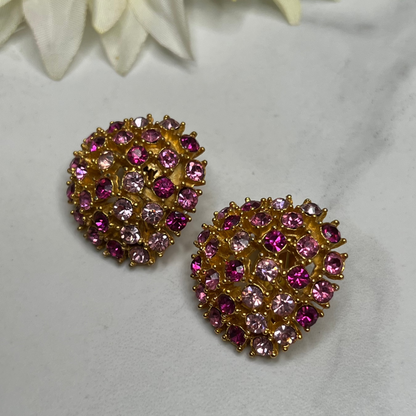 Mid-Century Gold Pink Rhinestone Brooch Clip On Earrings Matching Jewelry Set