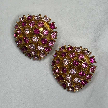 Mid-Century Gold Pink Rhinestone Brooch Clip On Earrings Matching Jewelry Set