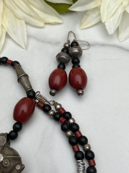 Vintage Silver Black Red Crotal Rattle Necklace Dangle Earrings Jewelry Set