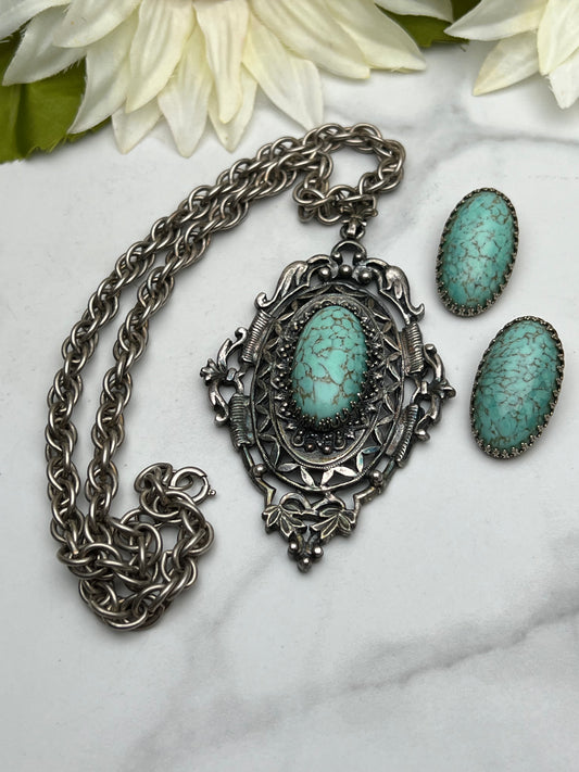 Vintage Silver Turquoise Necklace Clip on Earrings Set