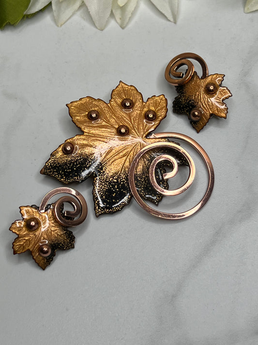 Estate Matching Signed Matisse Copper Enamel Maple Leaf Brooch Earrings Set