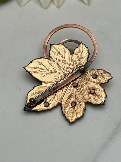 Estate Matching Signed Matisse Copper Enamel Maple Leaf Brooch Earrings Set