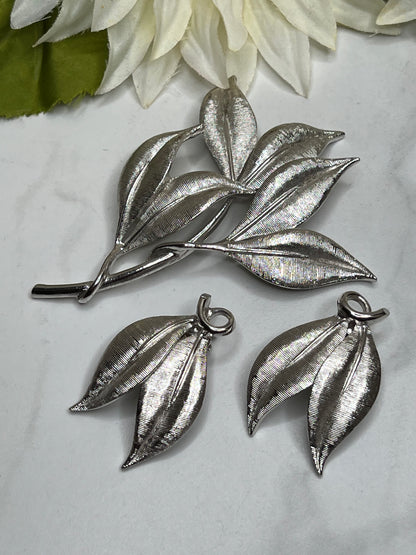 Mid-Century Signed Emmons Matching Silver Leaf Brooch Earrings Set