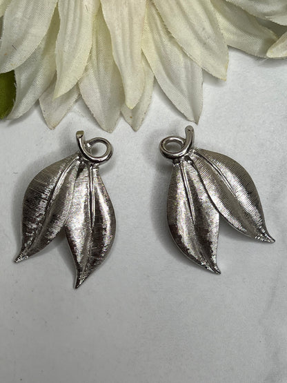 Mid-Century Signed Emmons Matching Silver Leaf Brooch Earrings Set