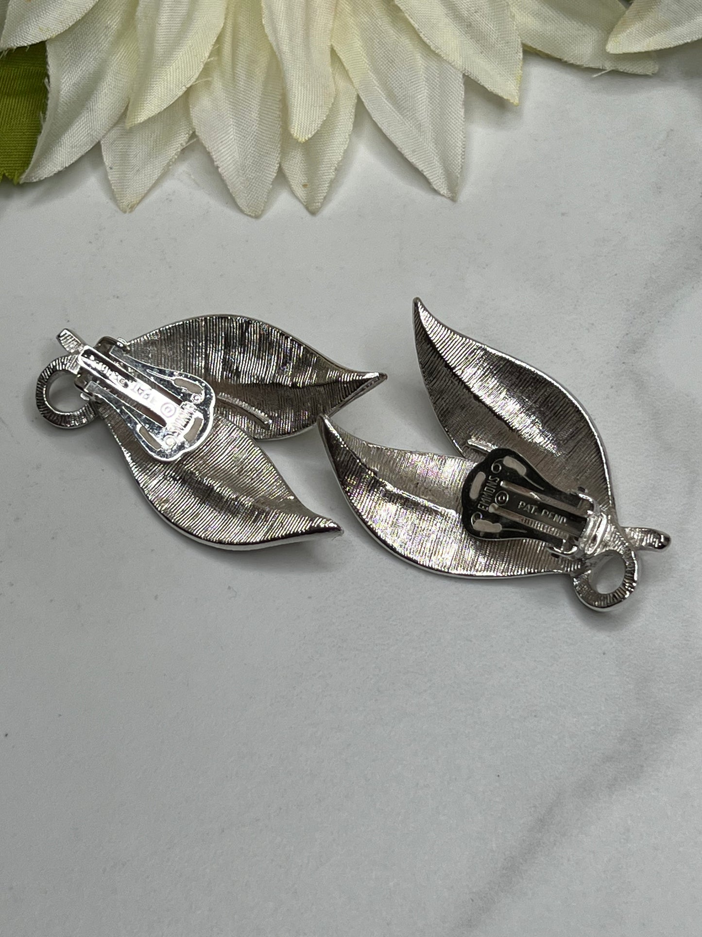 Mid-Century Signed Emmons Matching Silver Leaf Brooch Earrings Set