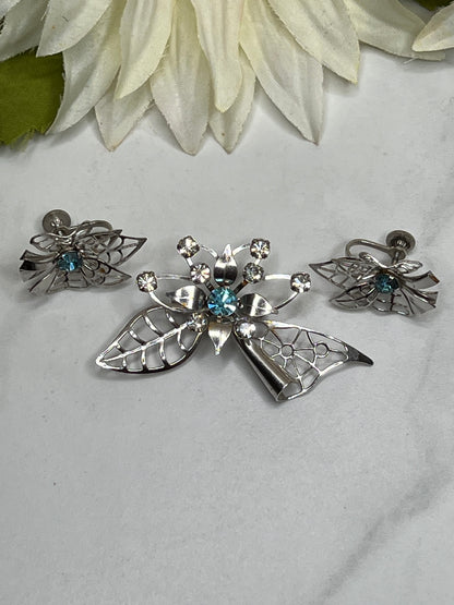 Mid-Century Silver Blue Rhinestone Brooch Earrings Jewelry Set