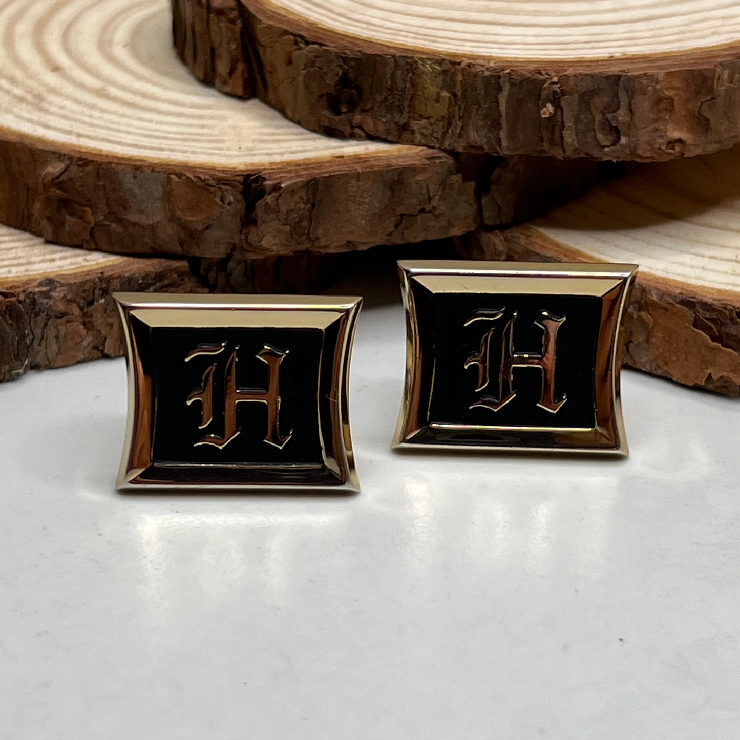 Vintage Signed Hickok Gold BLack Enamel Personalized Letter H Cufflinks