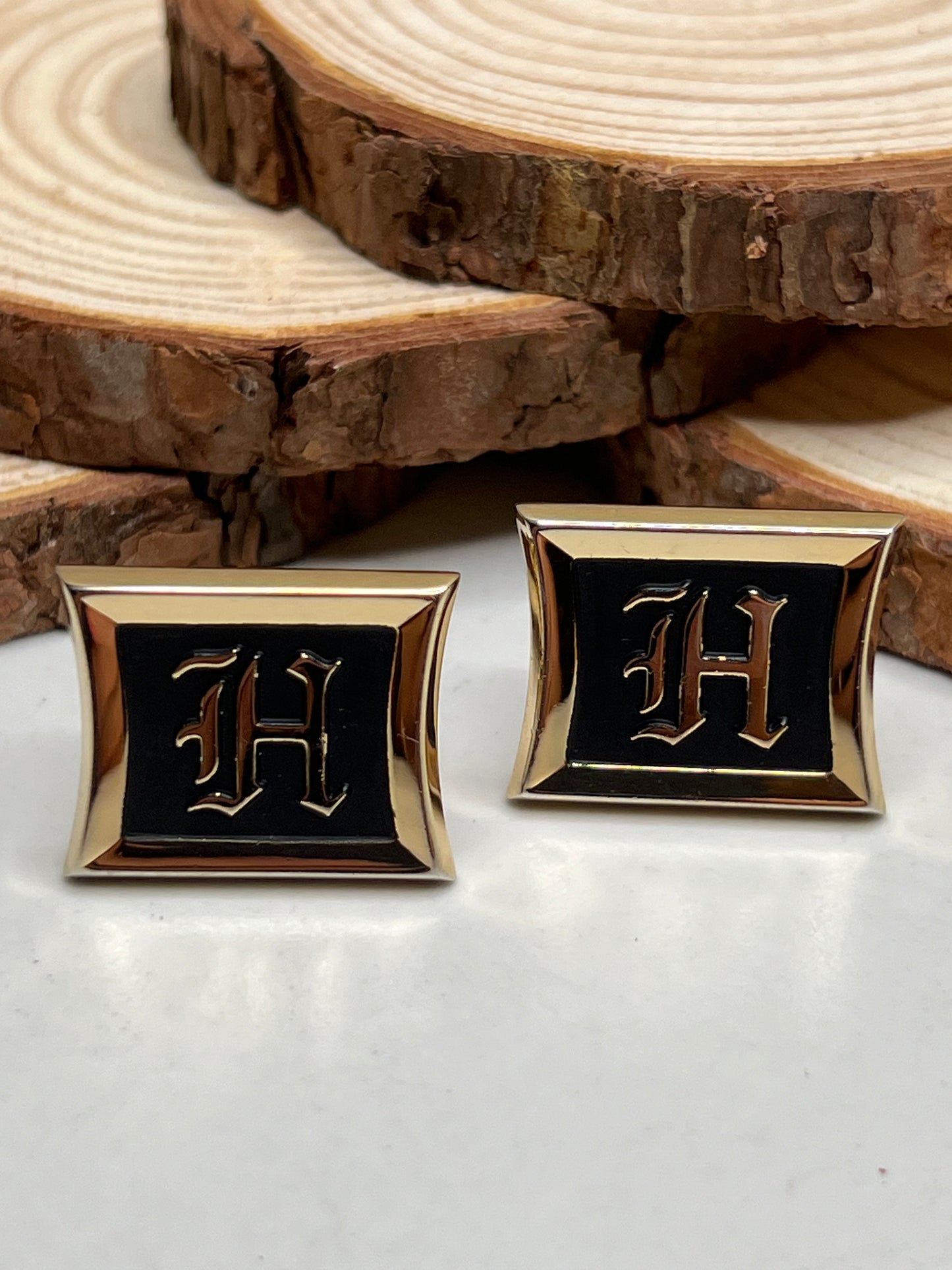 Vintage Signed Hickok Gold BLack Enamel Personalized Letter H Cufflinks