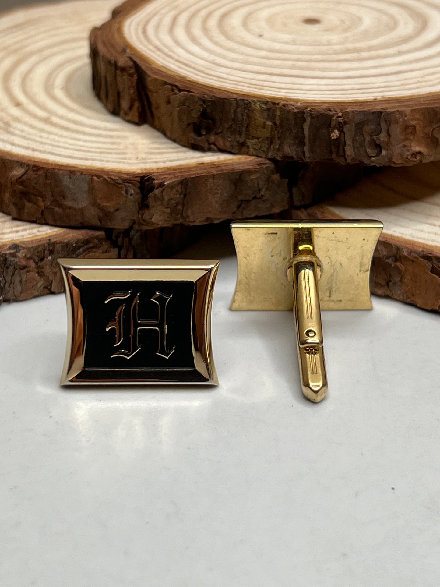 Vintage Signed Hickok Gold BLack Enamel Personalized Letter H Cufflinks