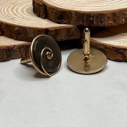 Vintage Signed Swank Round Mother of Pearl Gold Swirl Cufflinks