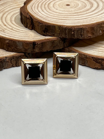 Mid-Century Art Deco Signed Gold Black Glass Cufflinks