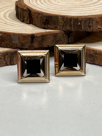 Mid-Century Art Deco Signed Gold Black Glass Cufflinks