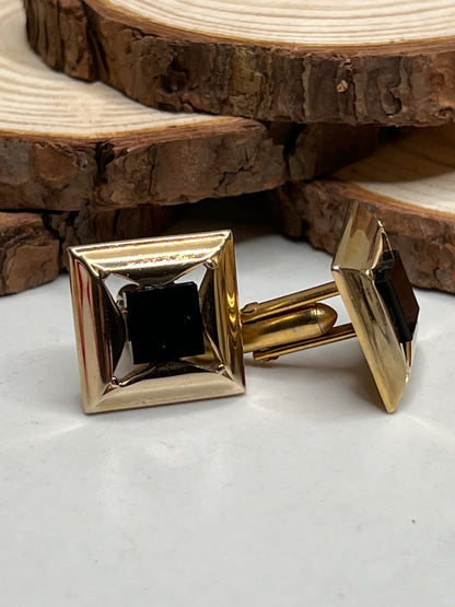 Mid-Century Art Deco Signed Gold Black Glass Cufflinks