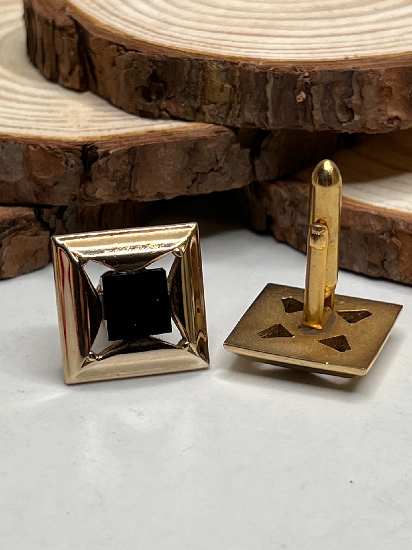 Mid-Century Art Deco Signed Gold Black Glass Cufflinks