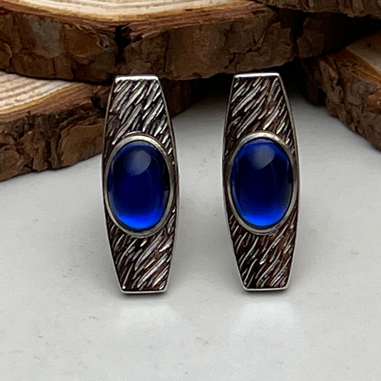 Mid-Century Signed Silver Blue Glass Mens Cufflinks