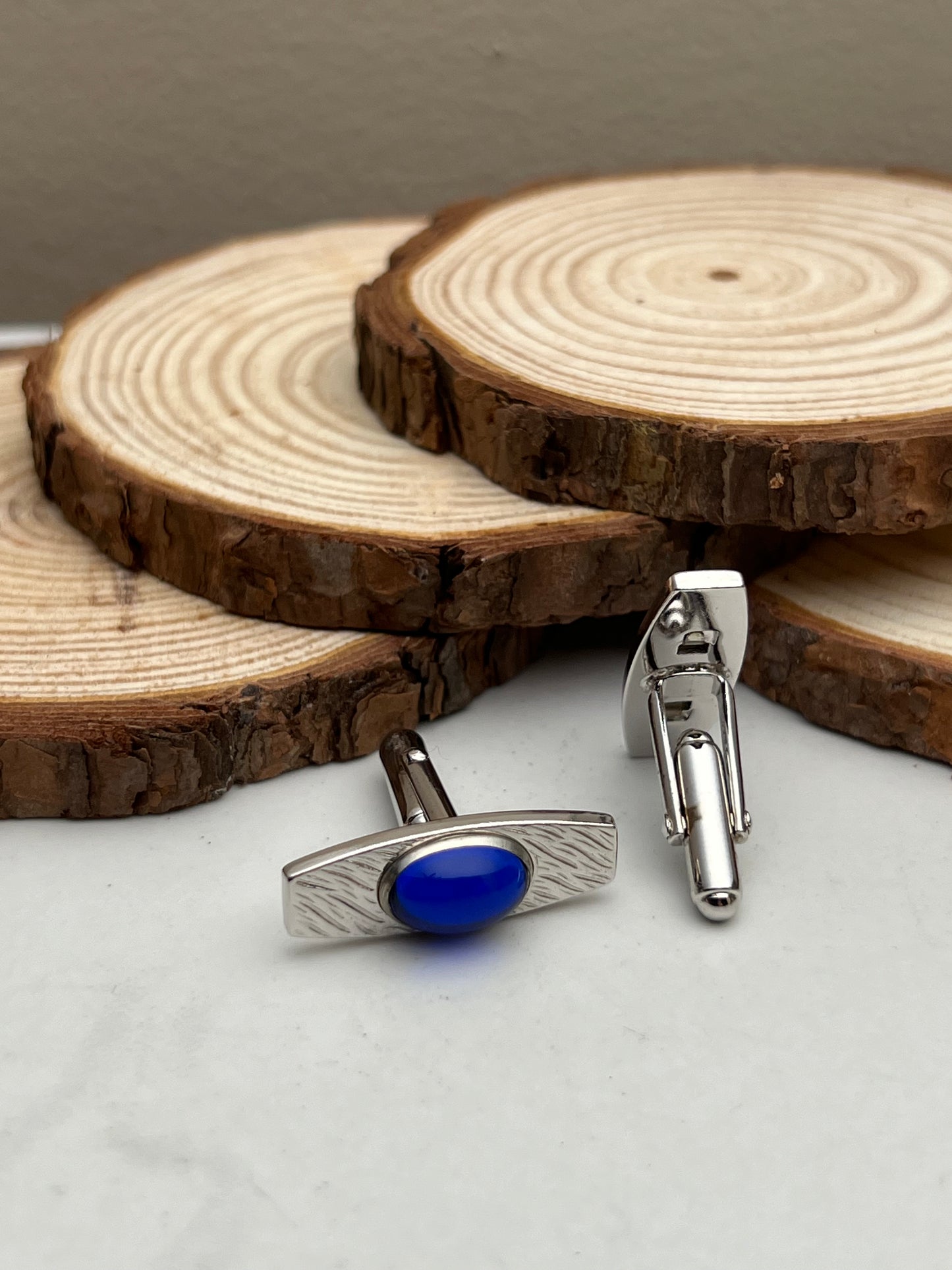 Mid-Century Signed Silver Blue Glass Mens Cufflinks