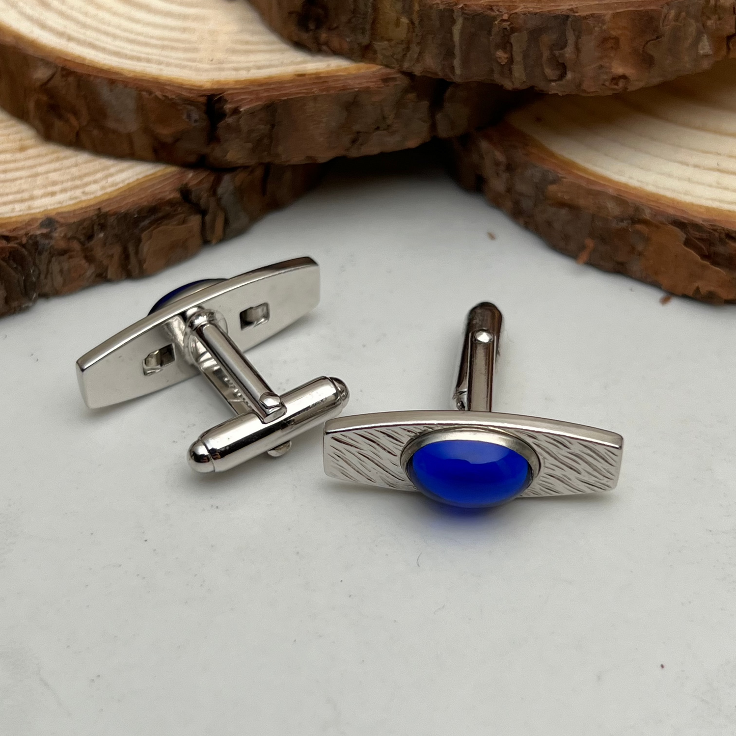 Mid-Century Signed Silver Blue Glass Mens Cufflinks