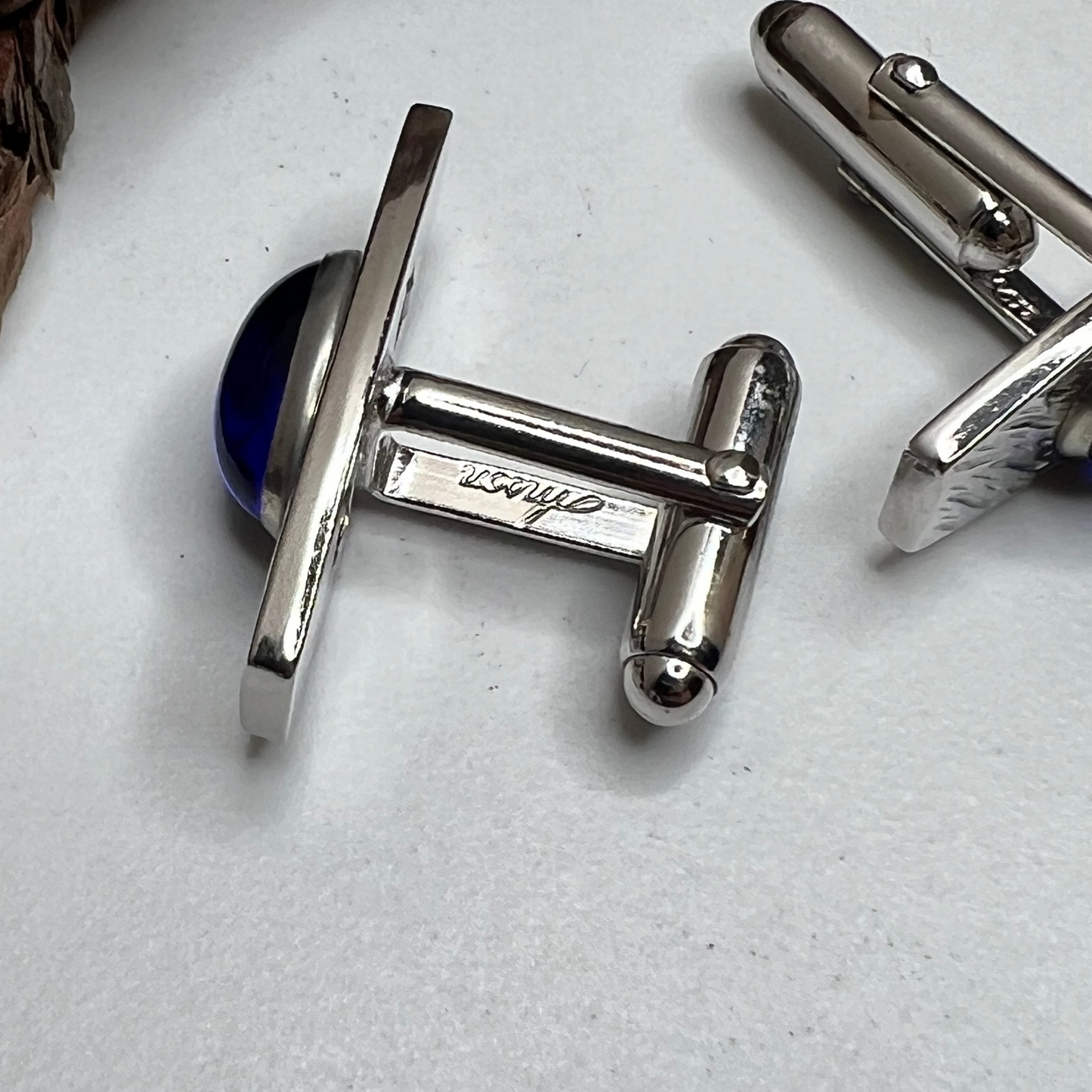 Mid-Century Signed Silver Blue Glass Mens Cufflinks