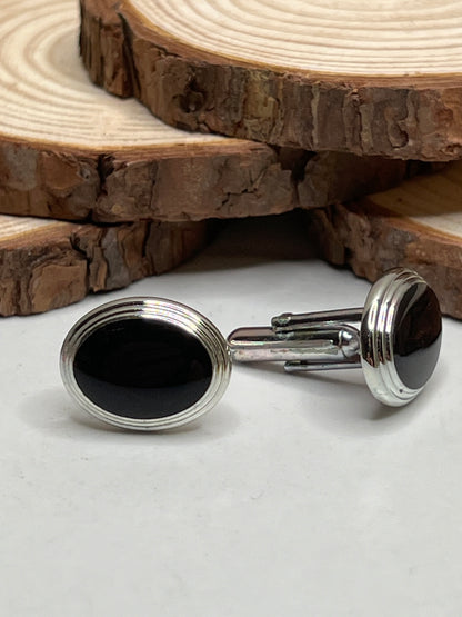 Vintage Silver Black Enamel Oval Mens Cufflinks