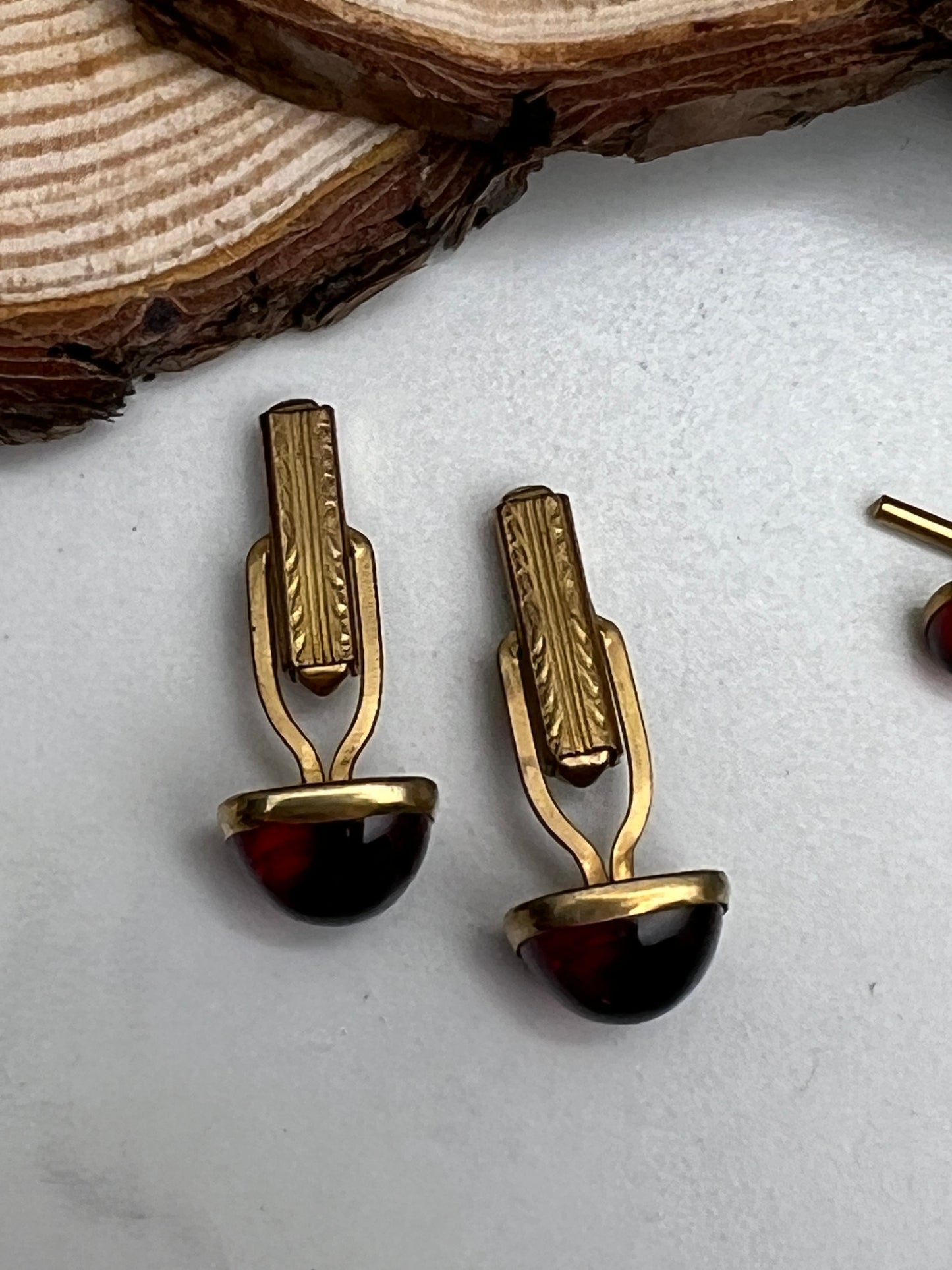 Antique Estate Art Deco Ruby Red Brass Matching Cufflinks Button Studs