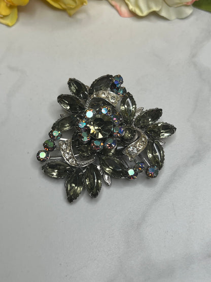 Vintage Estate Large Silver Aurora Borealis Rhinestone Statement Pin Brooch