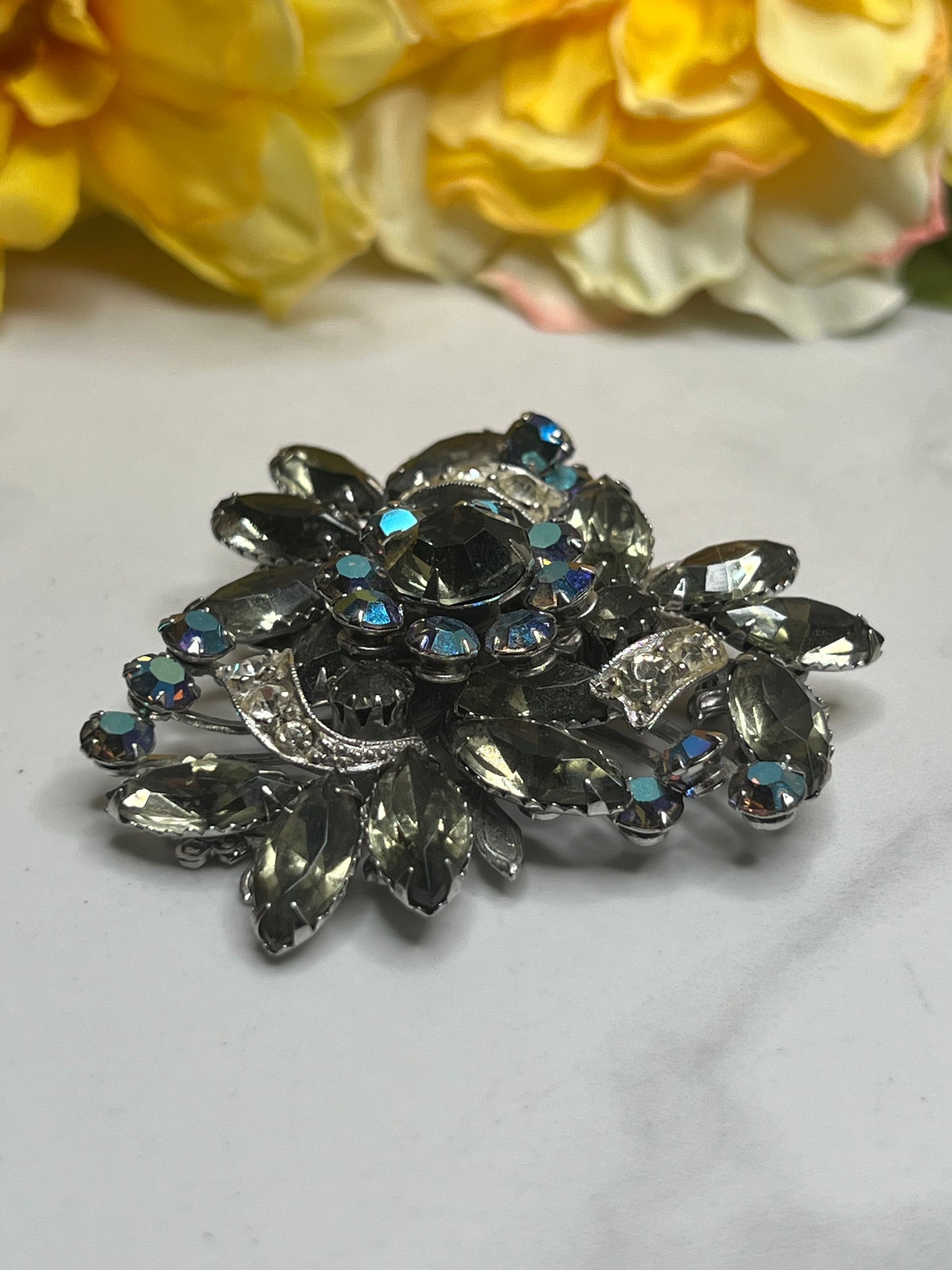 Vintage Estate Large Silver Aurora Borealis Rhinestone Statement Pin Brooch