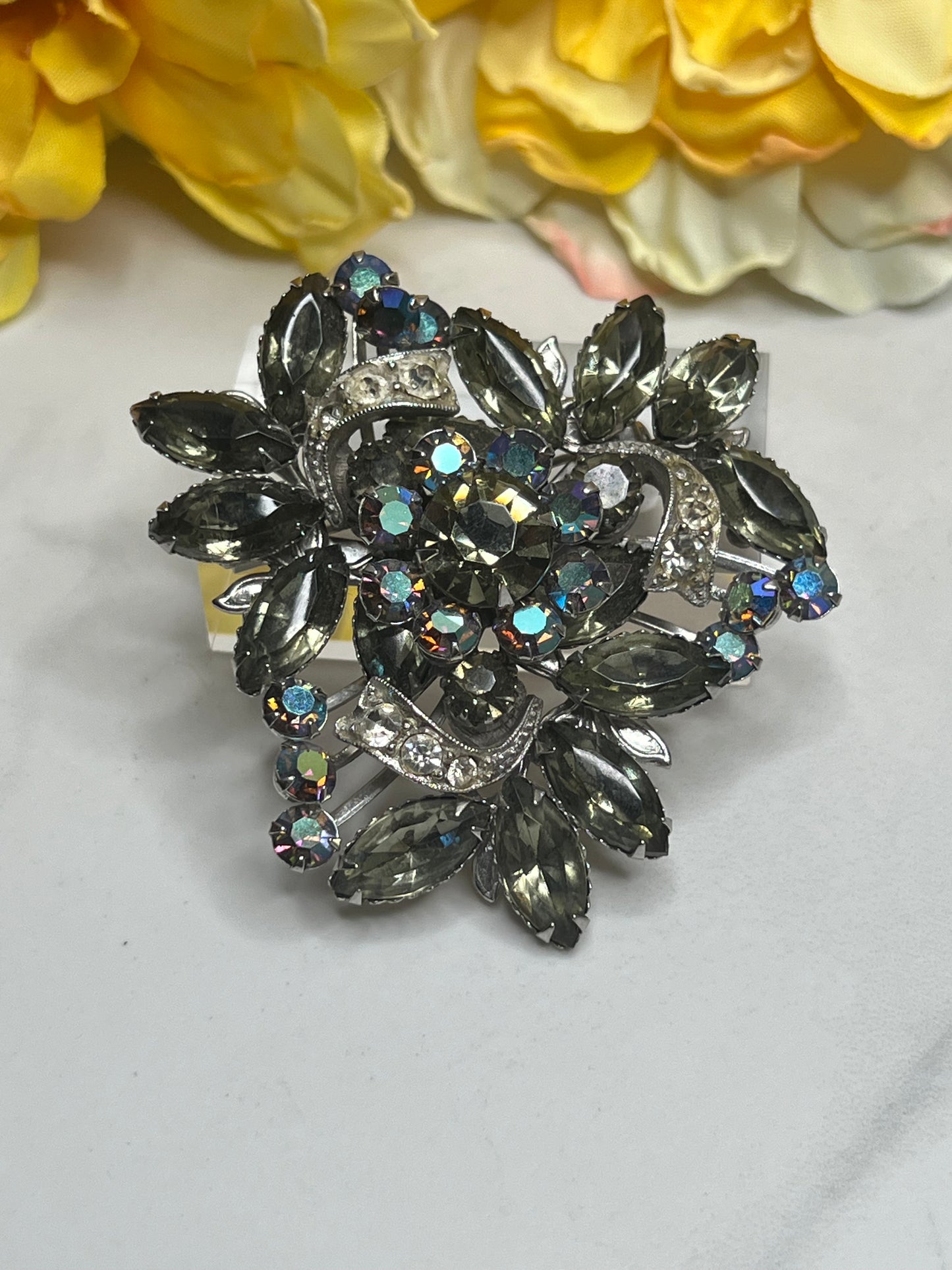 Vintage Estate Large Silver Aurora Borealis Rhinestone Statement Pin Brooch