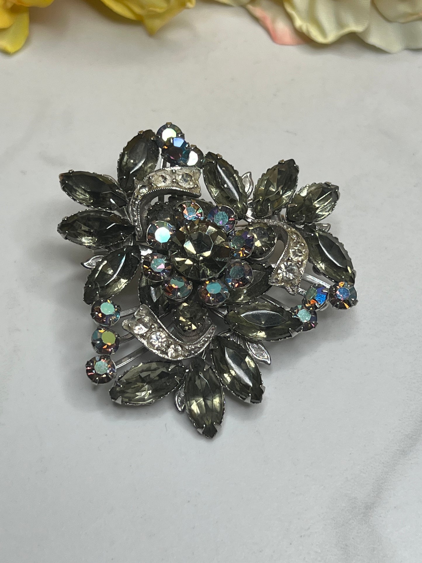 Vintage Estate Large Silver Aurora Borealis Rhinestone Statement Pin Brooch