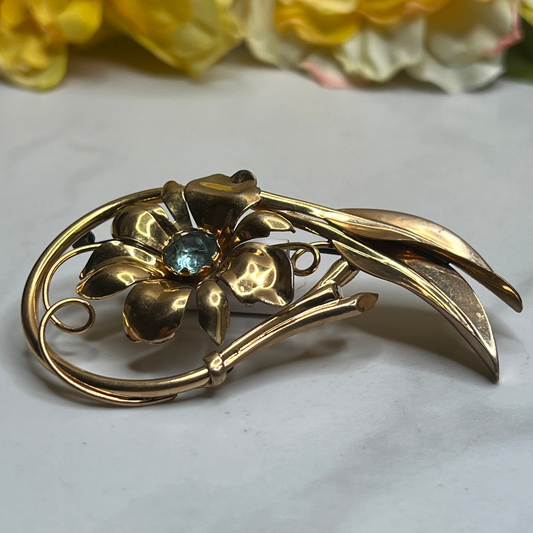 Vintage Estate Large 12K Gold Signed A Regal Aquamarine Rhinestone Flower Brooch