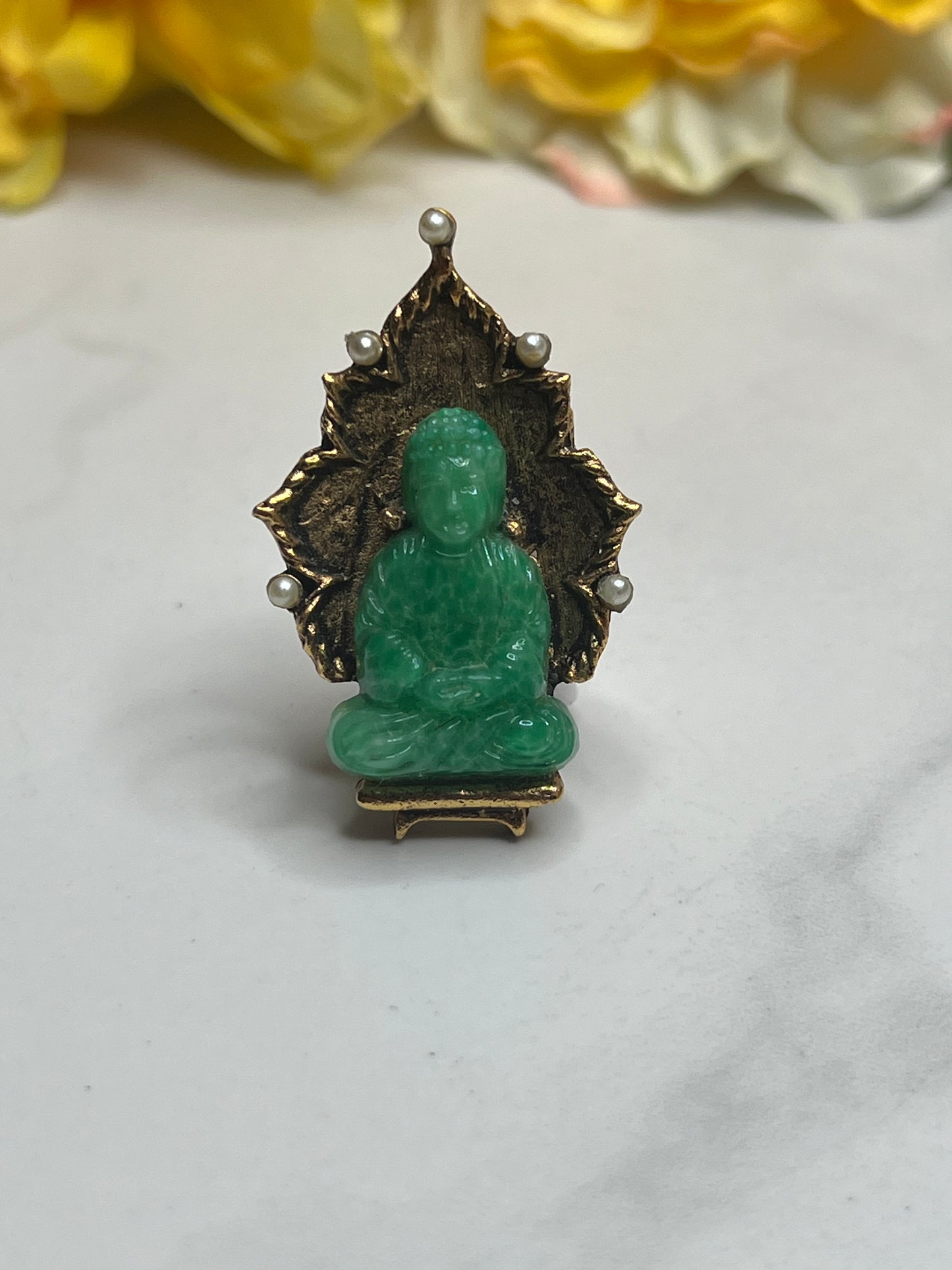 Vintage Mid-Century Signed Ambassador Faux Pearl Jade Buddha Pin Brooch