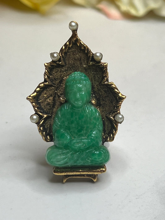 Vintage Mid-Century Signed Ambassador Faux Pearl Jade Buddha Pin Brooch