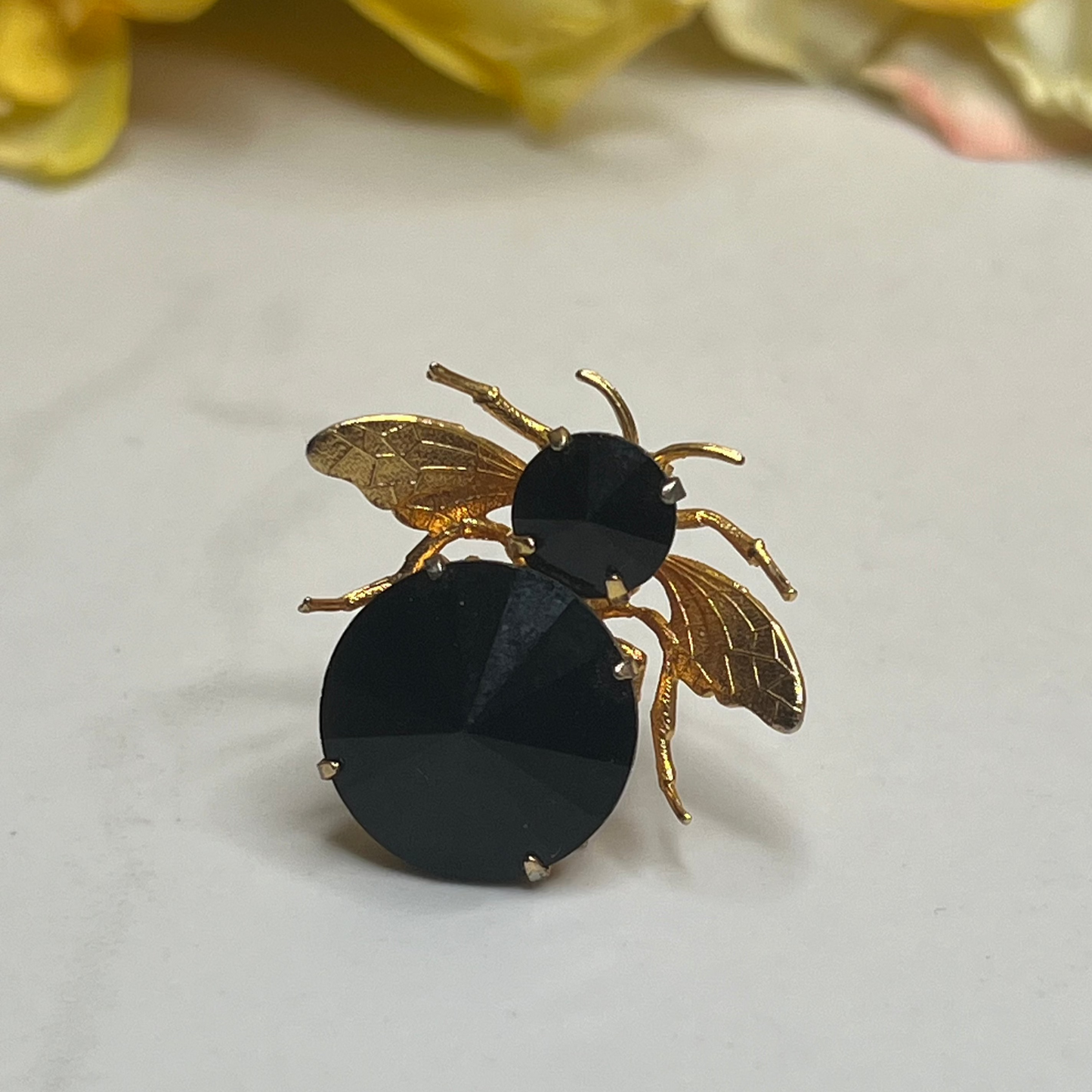 Vintage Tiny Gold Black Rhinestone Flying Insect Bee Fly Pin Brooch