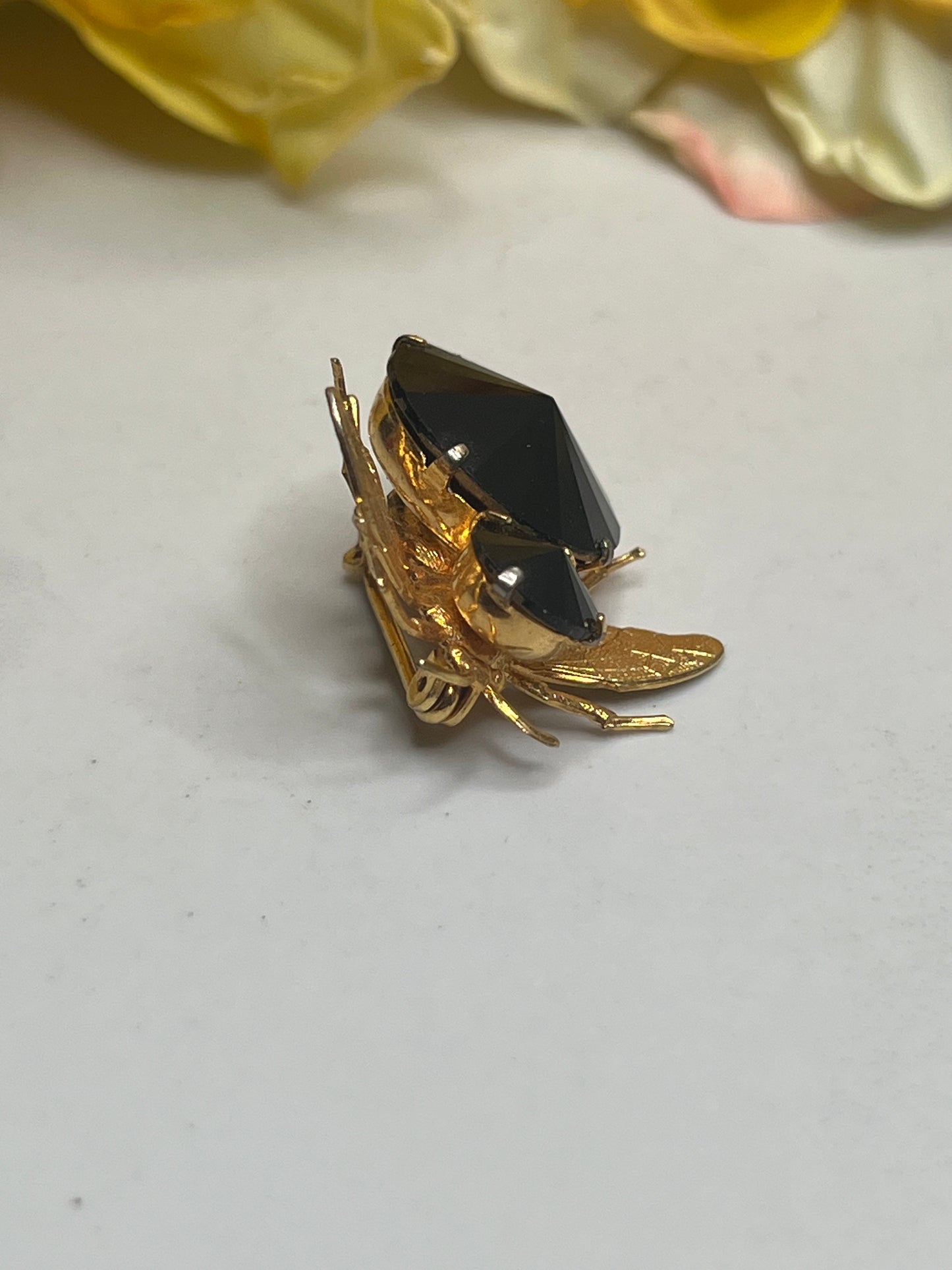 Vintage Tiny Gold Black Rhinestone Flying Insect Bee Fly Pin Brooch