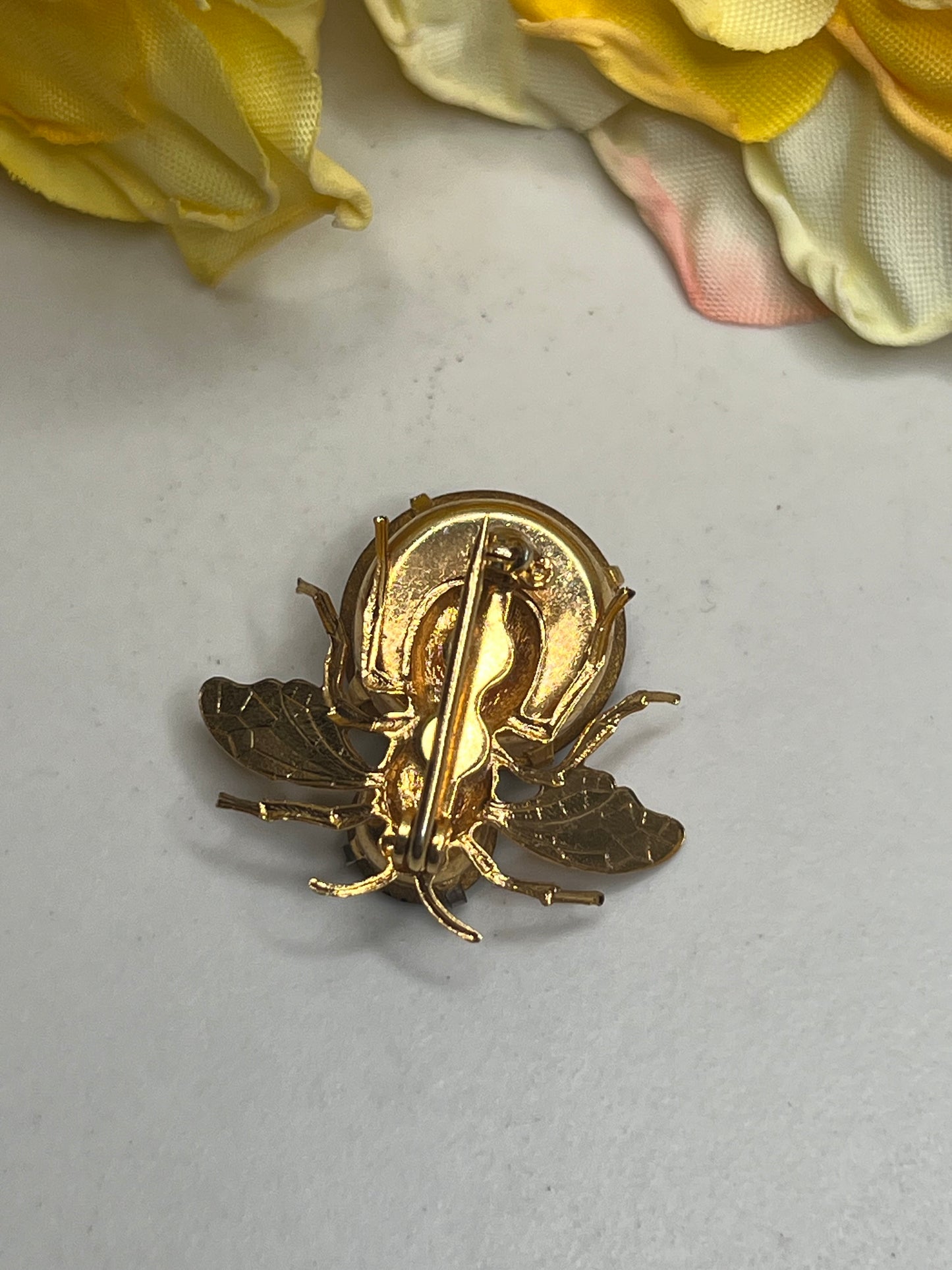 Vintage Tiny Gold Black Rhinestone Flying Insect Bee Fly Pin Brooch