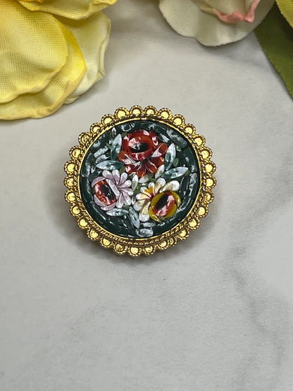 Vintage Round Gold Micro Mosaic Rose Italy Pin Brooch