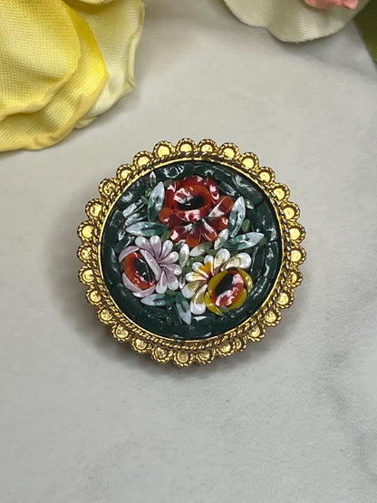 Vintage Round Gold Micro Mosaic Rose Italy Pin Brooch