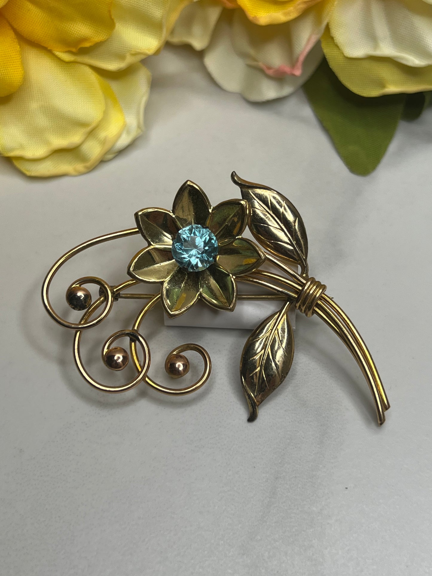 Vintage Large Signed Harry Iskin 12K GF Blue Rhinestone Flower Pin Brooch