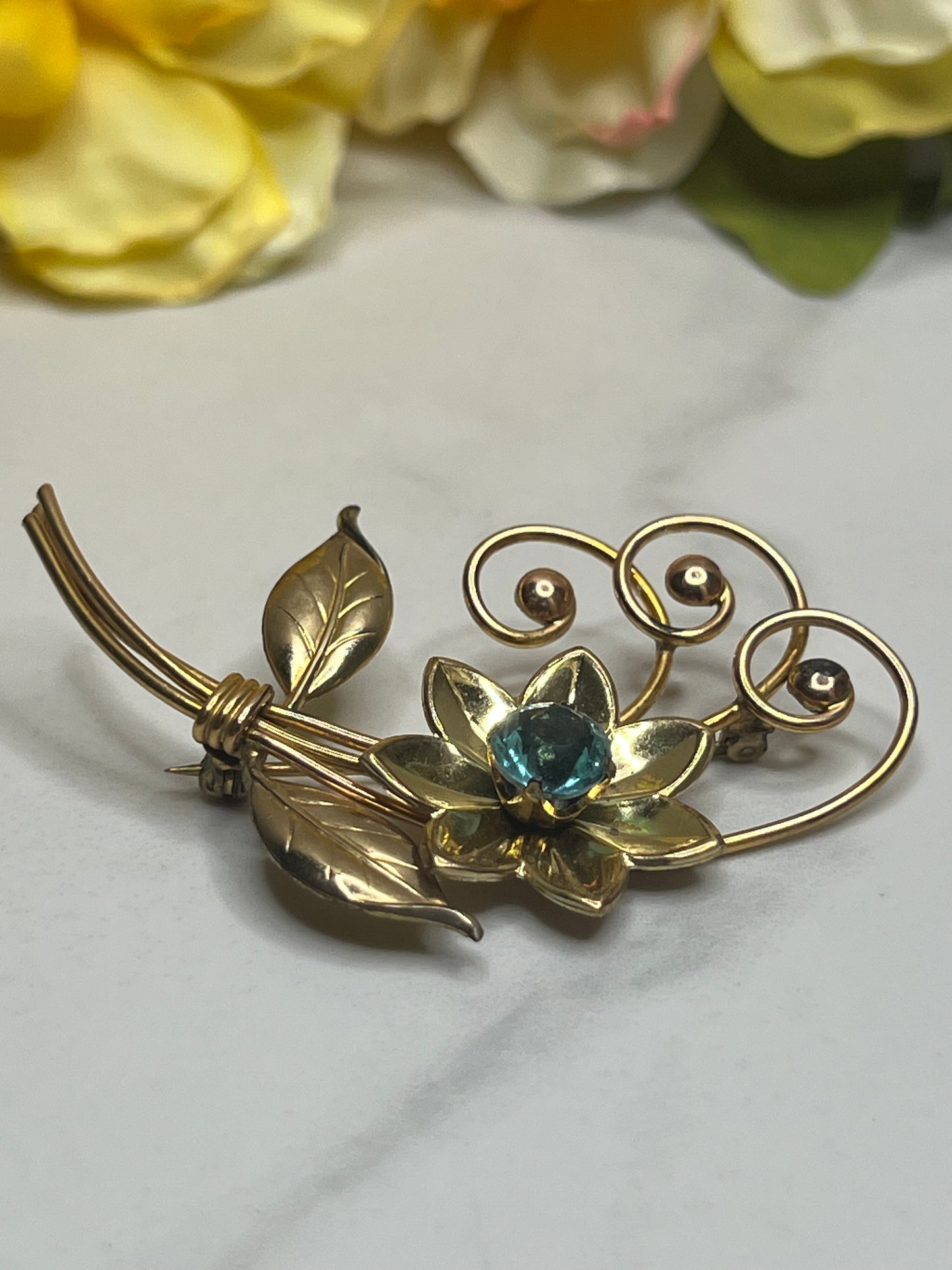 Vintage Large Signed Harry Iskin 12K GF Blue Rhinestone Flower Pin Brooch