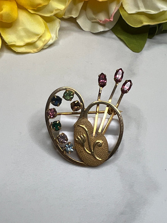 Vintage Curtis Creations Signed DCE 14k GF Rhinestone Painters Palette Pin Brooch