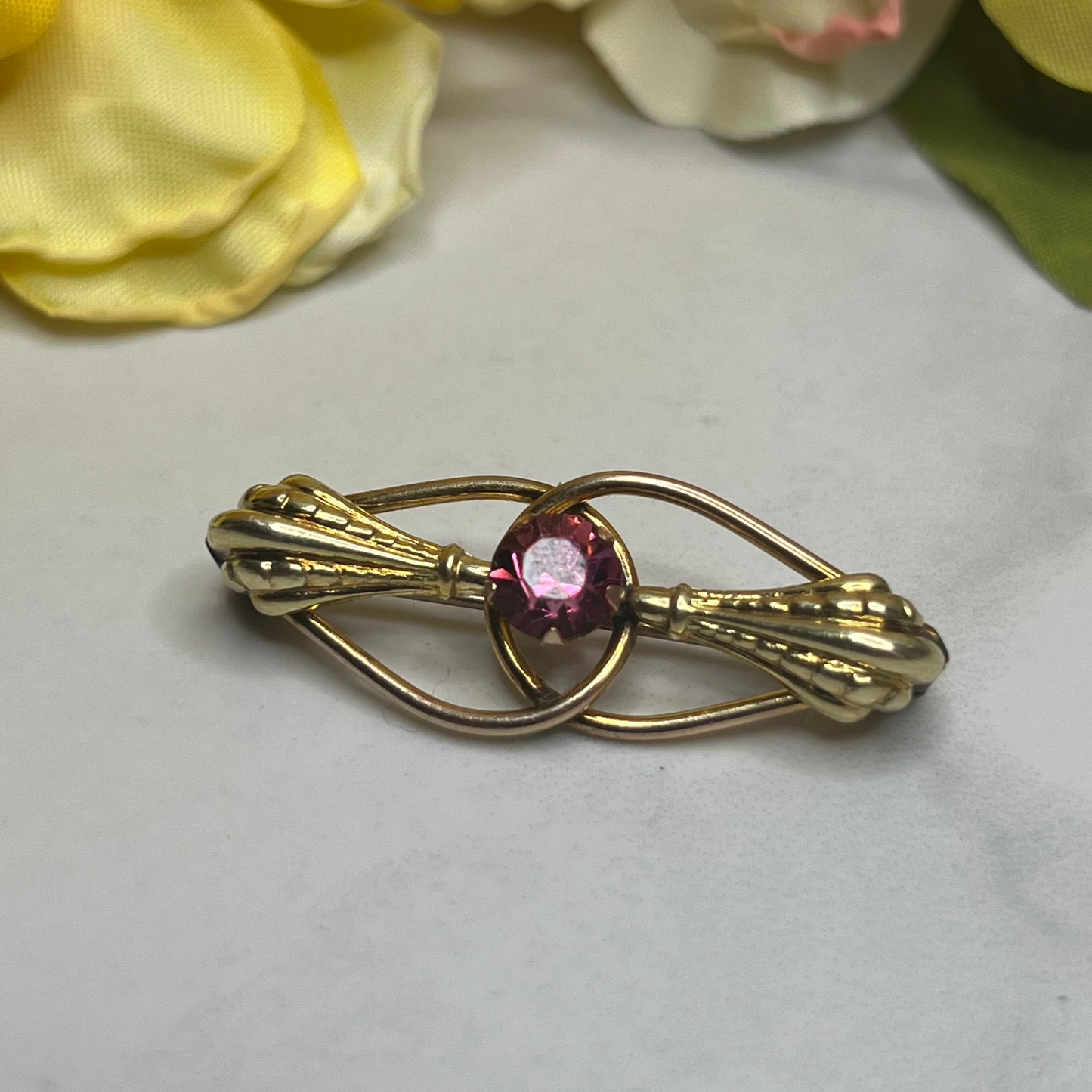 Vintage Estate Art Deco Signed Amco 10K GF Pink Rhinestone Bar Pin Brooch