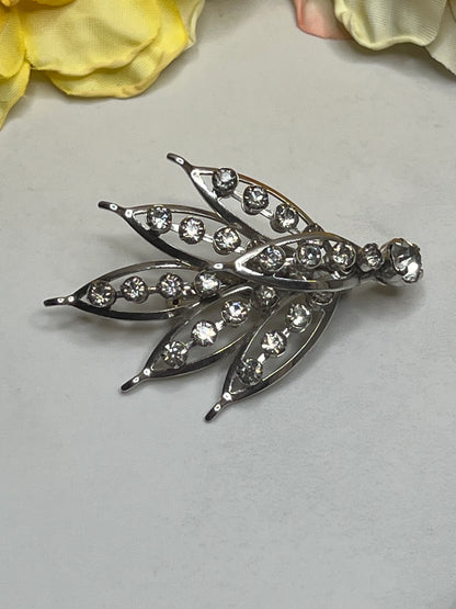 Vintage Silver Rhinestone Openwork Leaf Brooch