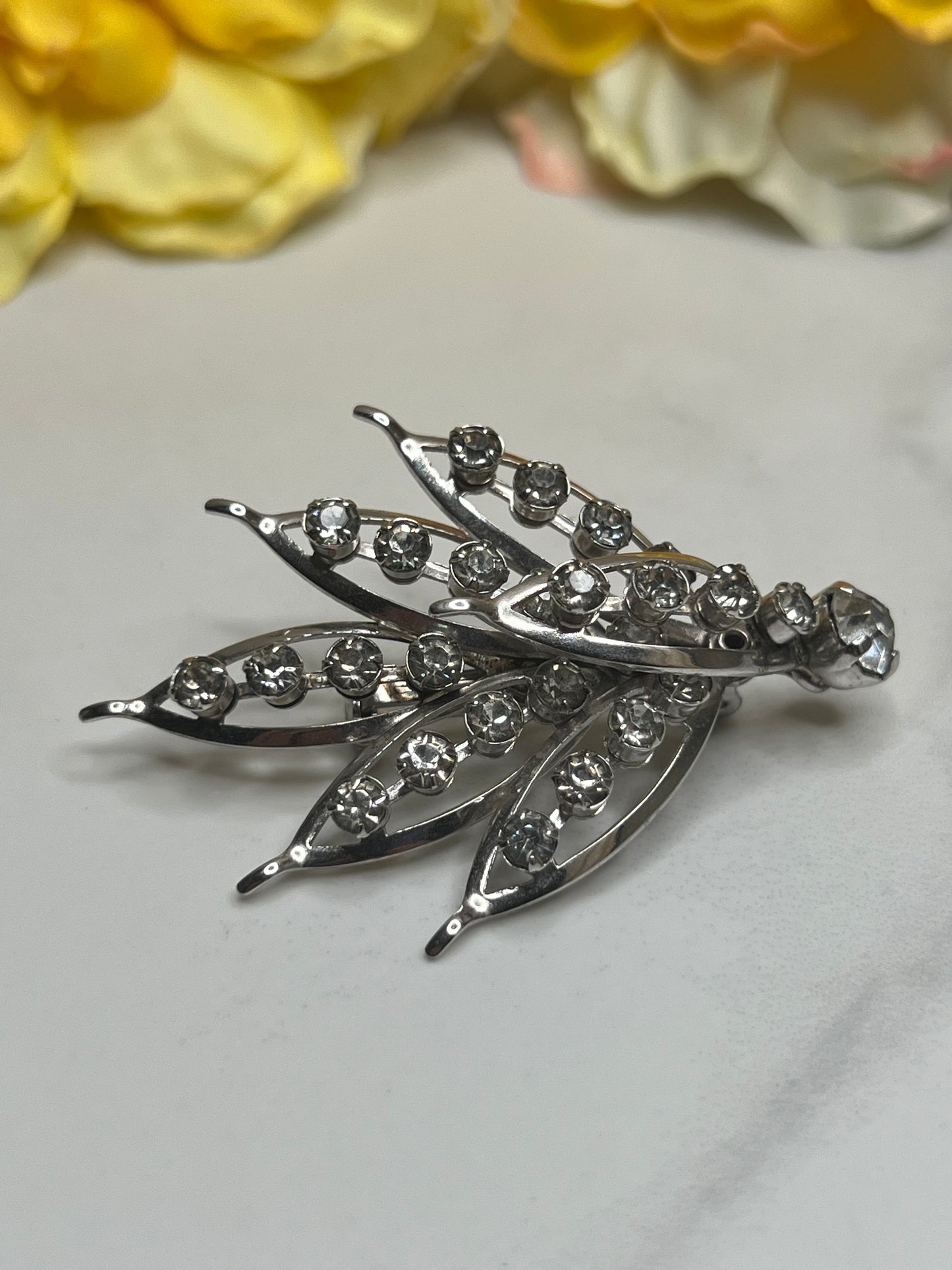 Vintage Silver Rhinestone Openwork Leaf Brooch