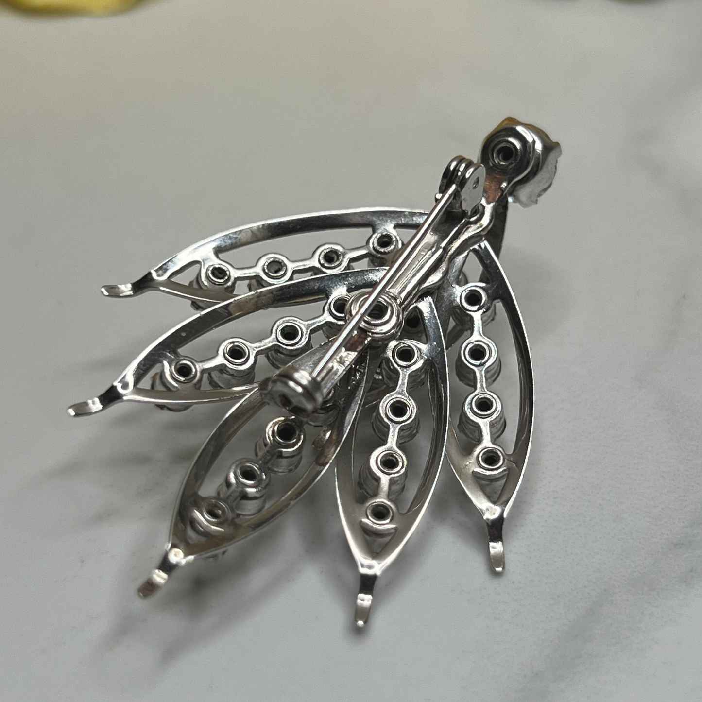 Vintage Silver Rhinestone Openwork Leaf Brooch