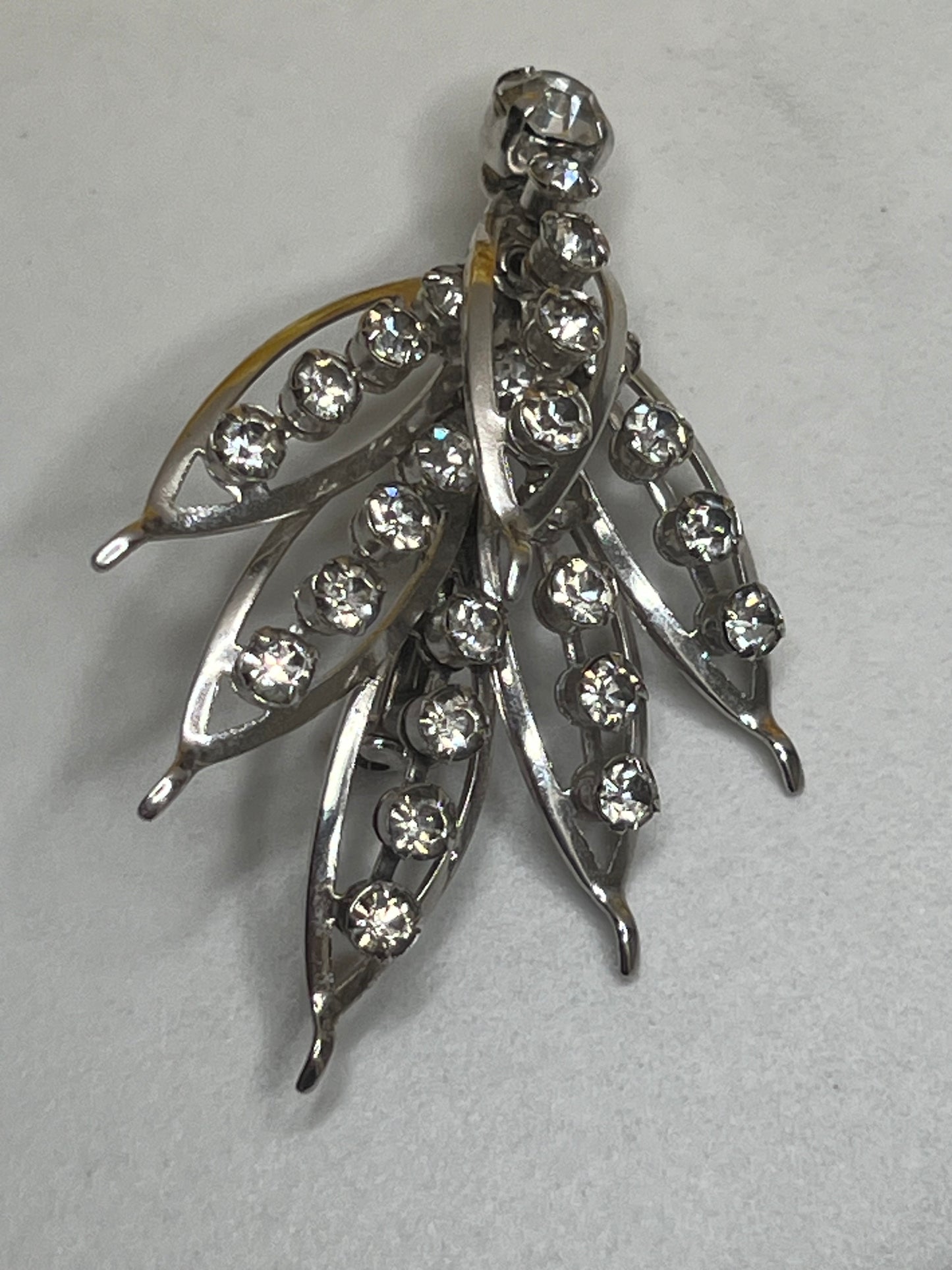 Vintage Silver Rhinestone Openwork Leaf Brooch