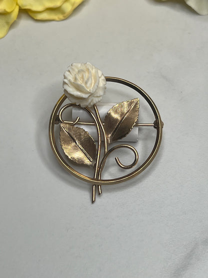 Vintage Estate Signed Winard 12K GF Carved Rose Circle Pin Brooch