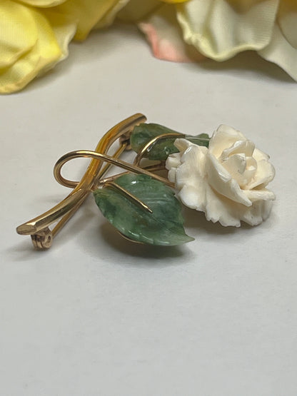 Vintage Estate Signed Winard 12K GF Carved Rose Jade Leaf Pin Brooch