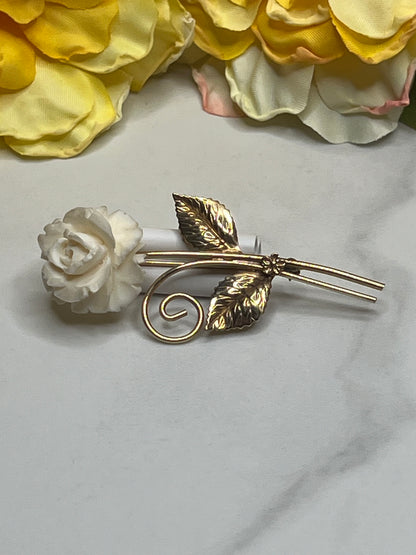 Vintage Estate Signed Winard 12k GF Long Stem Carved Rose Pin Brooch