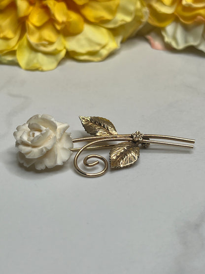 Vintage Estate Signed Winard 12k GF Long Stem Carved Rose Pin Brooch